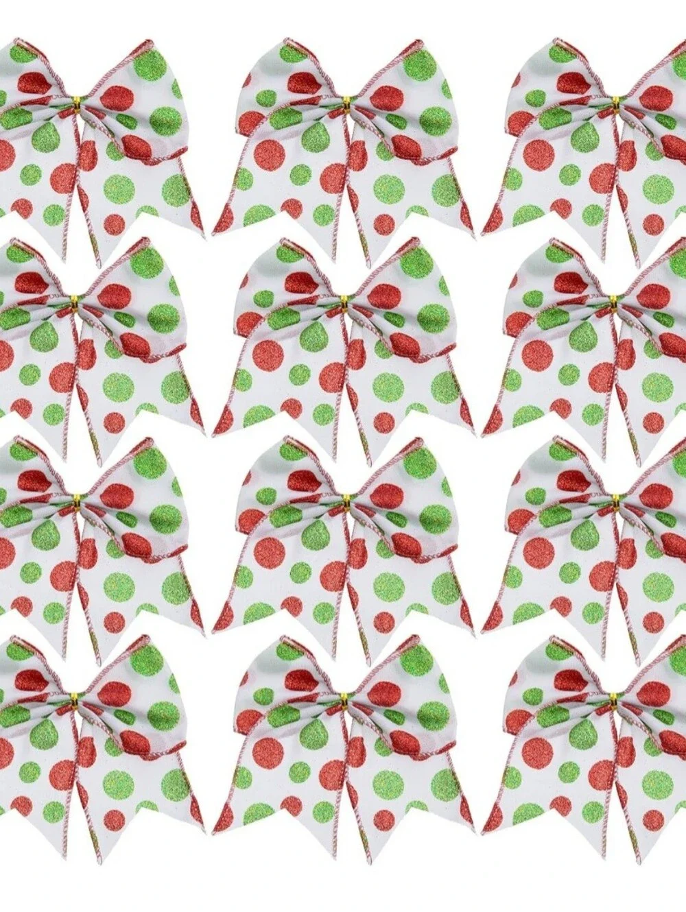 Festive Grinch Polka Dot Bows - White with Red & Green Glitter Dots (Set). NEW.